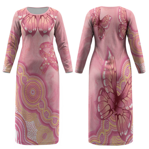 Dreamy Butterfly Collar Australia Breast Cancer Pink Family Matching Long Sleeve Bodycon Dress and Hawaiian Shirt Indigenous Art