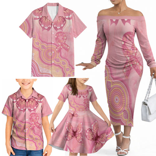 Dreamy Butterfly Collar Australia Breast Cancer Pink Family Matching Off The Shoulder Long Sleeve Dress and Hawaiian Shirt Indigenous Art