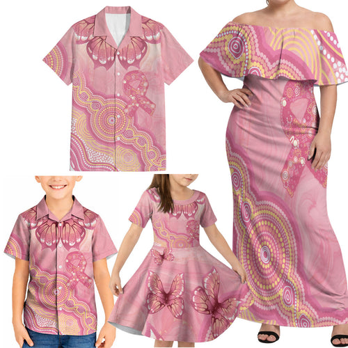 Dreamy Butterfly Collar Australia Breast Cancer Pink Family Matching Off Shoulder Maxi Dress and Hawaiian Shirt Indigenous Art