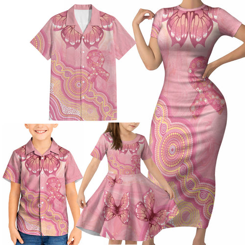 Dreamy Butterfly Collar Australia Breast Cancer Pink Family Matching Short Sleeve Bodycon Dress and Hawaiian Shirt Indigenous Art