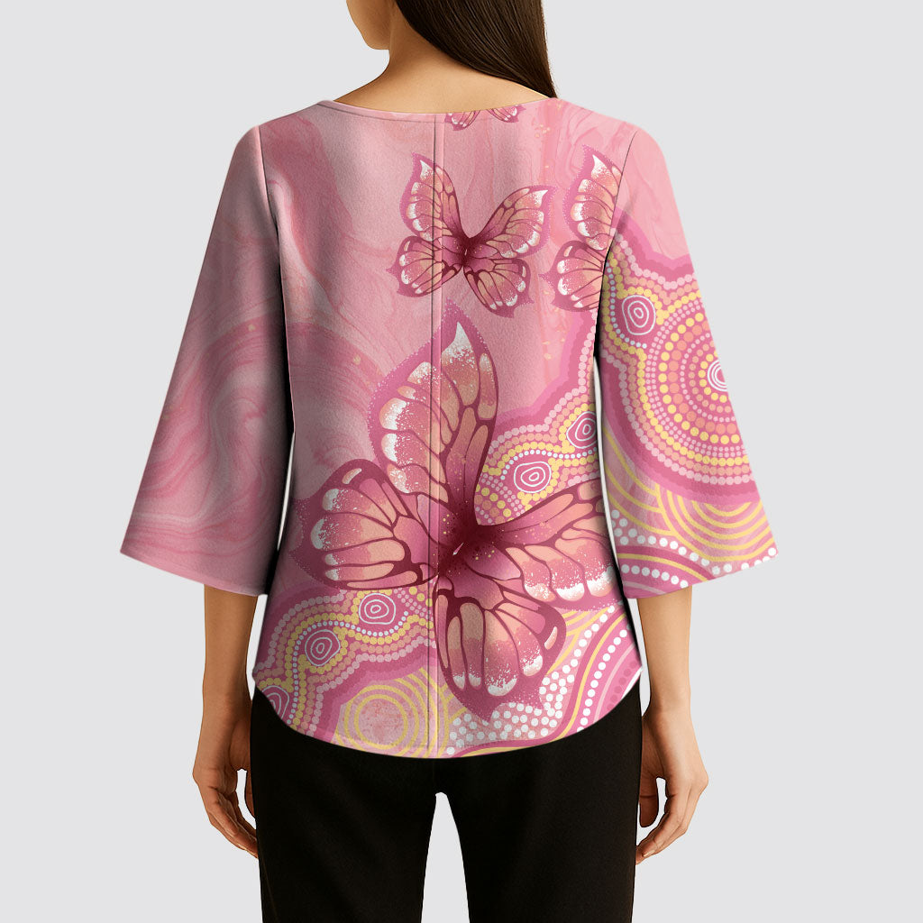 Dreamy Butterfly Collar Australia Breast Cancer Pink Kimono Sleeve Blouse Indigenous Art