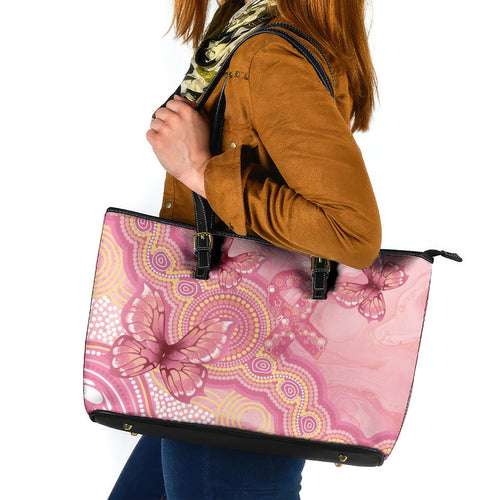 Dreamy Butterfly Collar Australia Breast Cancer Pink Leather Tote Bag Indigenous Art