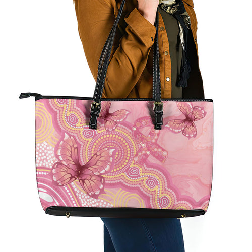 Dreamy Butterfly Collar Australia Breast Cancer Pink Leather Tote Bag Indigenous Art