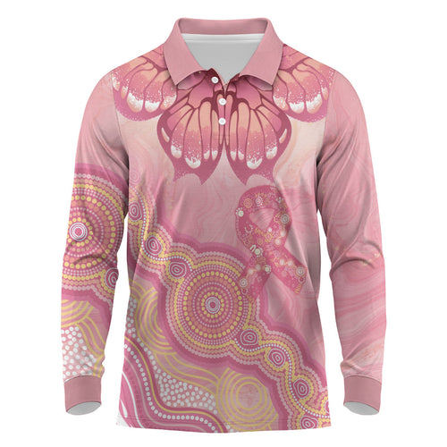Dreamy Butterfly Collar Australia Breast Cancer Pink Long Sleeve Polo Shirt Indigenous Art