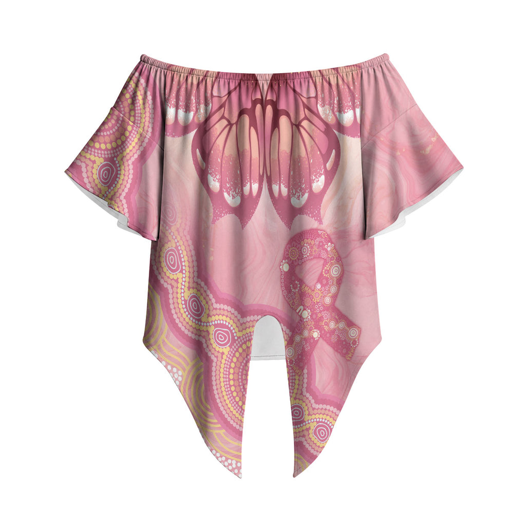 Dreamy Butterfly Collar Australia Breast Cancer Pink Off Shoulder Wrap Waist Top Indigenous Art