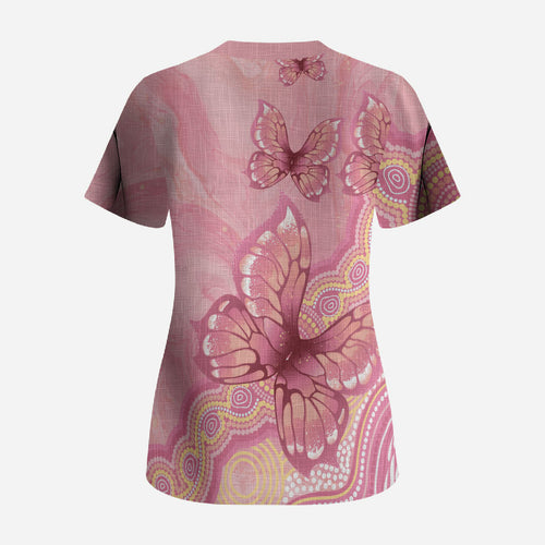 Dreamy Butterfly Collar Australia Breast Cancer Pink Scrub Top Indigenous Art