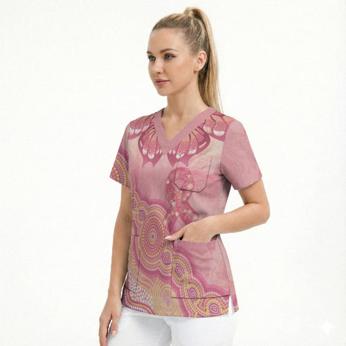 Dreamy Butterfly Collar Australia Breast Cancer Pink Scrub Top Indigenous Art