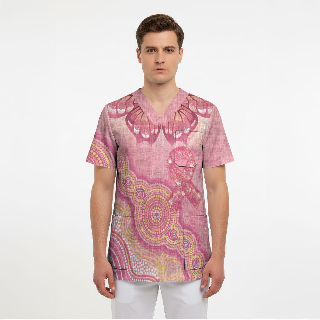 Dreamy Butterfly Collar Australia Breast Cancer Pink Scrub Top Indigenous Art