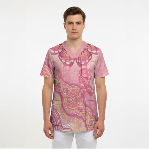 Dreamy Butterfly Collar Australia Breast Cancer Pink Scrub Top Indigenous Art