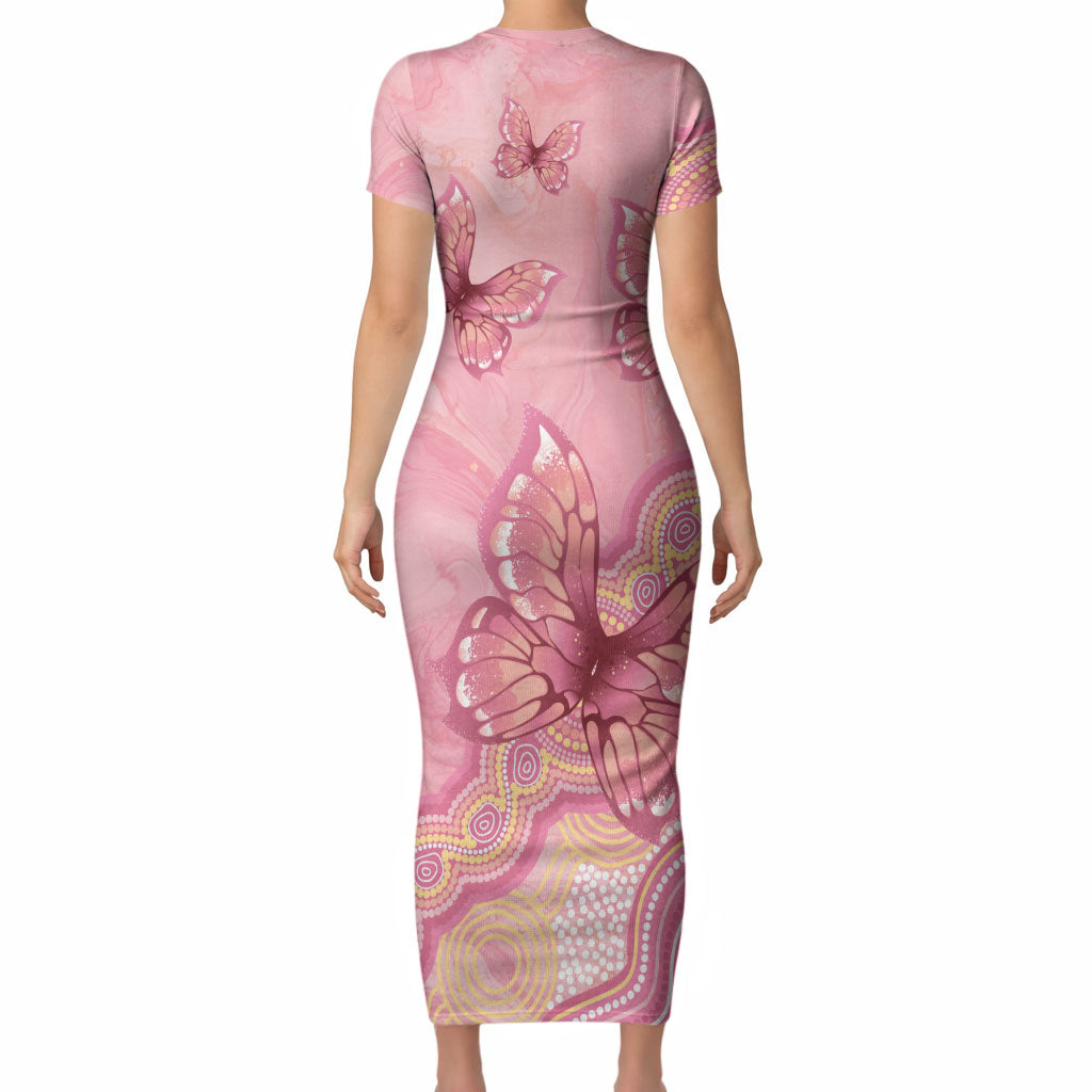 Dreamy Butterfly Collar Australia Breast Cancer Pink Short Sleeve Bodycon Dress Indigenous Art
