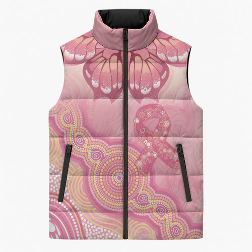 Dreamy Butterfly Collar Australia Breast Cancer Pink Sleeveless Puffer Jacket Indigenous Art