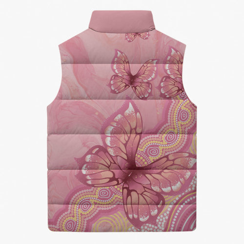 Dreamy Butterfly Collar Australia Breast Cancer Pink Sleeveless Puffer Jacket Indigenous Art