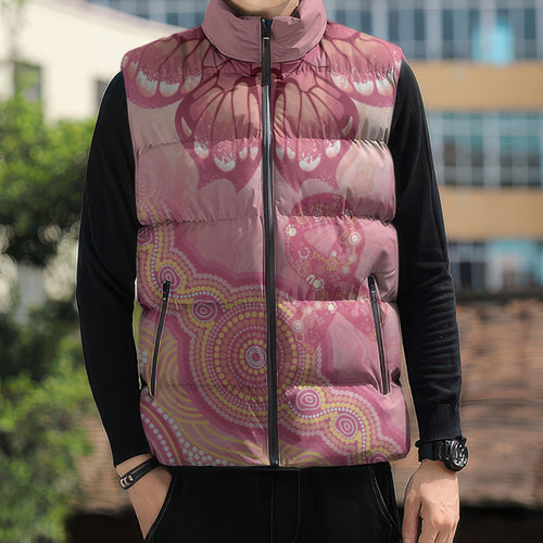 Dreamy Butterfly Collar Australia Breast Cancer Pink Sleeveless Puffer Jacket Indigenous Art