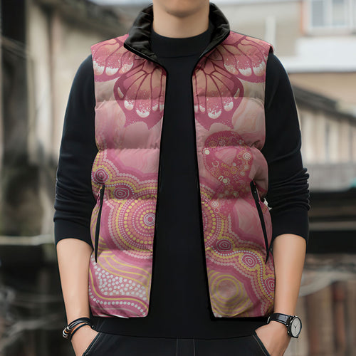 Dreamy Butterfly Collar Australia Breast Cancer Pink Sleeveless Puffer Jacket Indigenous Art