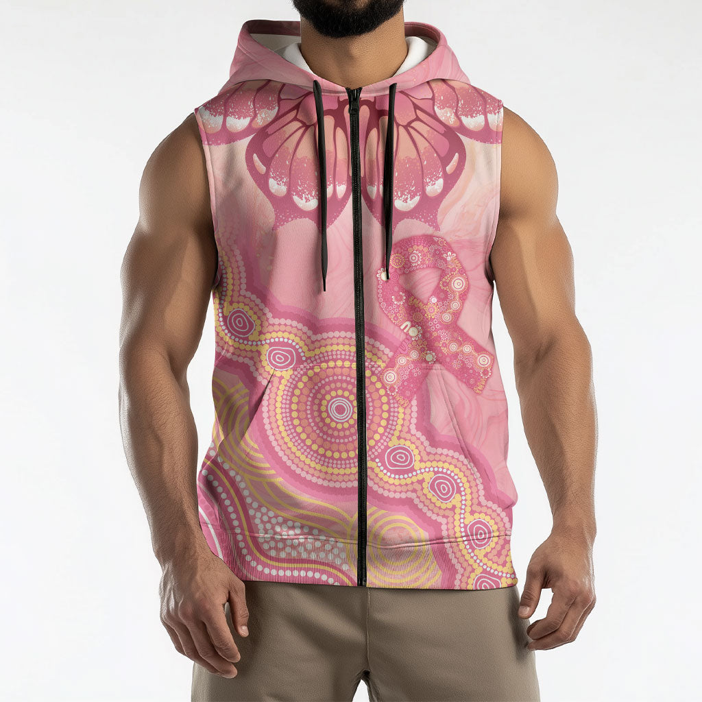 Dreamy Butterfly Collar Australia Breast Cancer Pink Sleeveless Zip Hoodie Indigenous Art