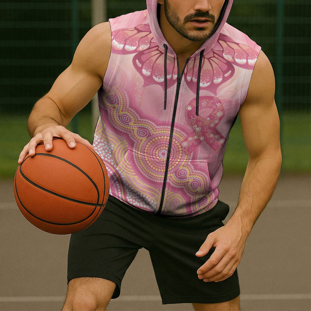 Dreamy Butterfly Collar Australia Breast Cancer Pink Sleeveless Zip Hoodie Indigenous Art
