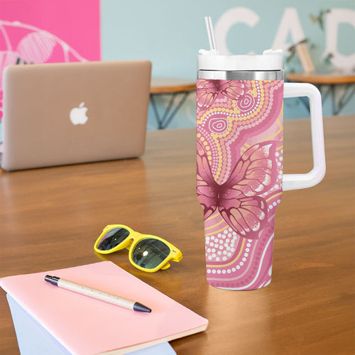 Dreamy Butterfly Collar Australia Breast Cancer Pink Tumbler With Handle Indigenous Art