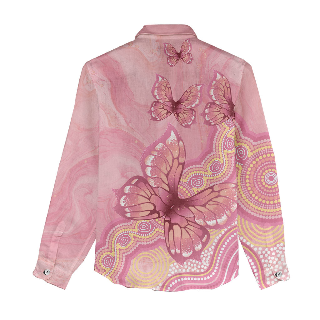 Dreamy Butterfly Collar Australia Breast Cancer Pink Women Casual Shirt Indigenous Art