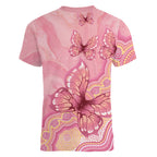 Dreamy Butterfly Collar Australia Breast Cancer Pink Women V-Neck T-Shirt Indigenous Art