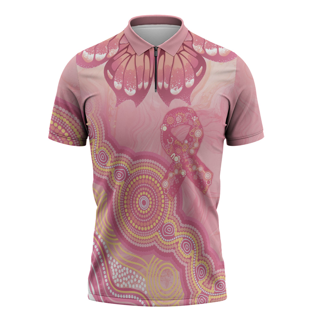 Dreamy Butterfly Collar Australia Breast Cancer Pink Zipper Polo Shirt Indigenous Art