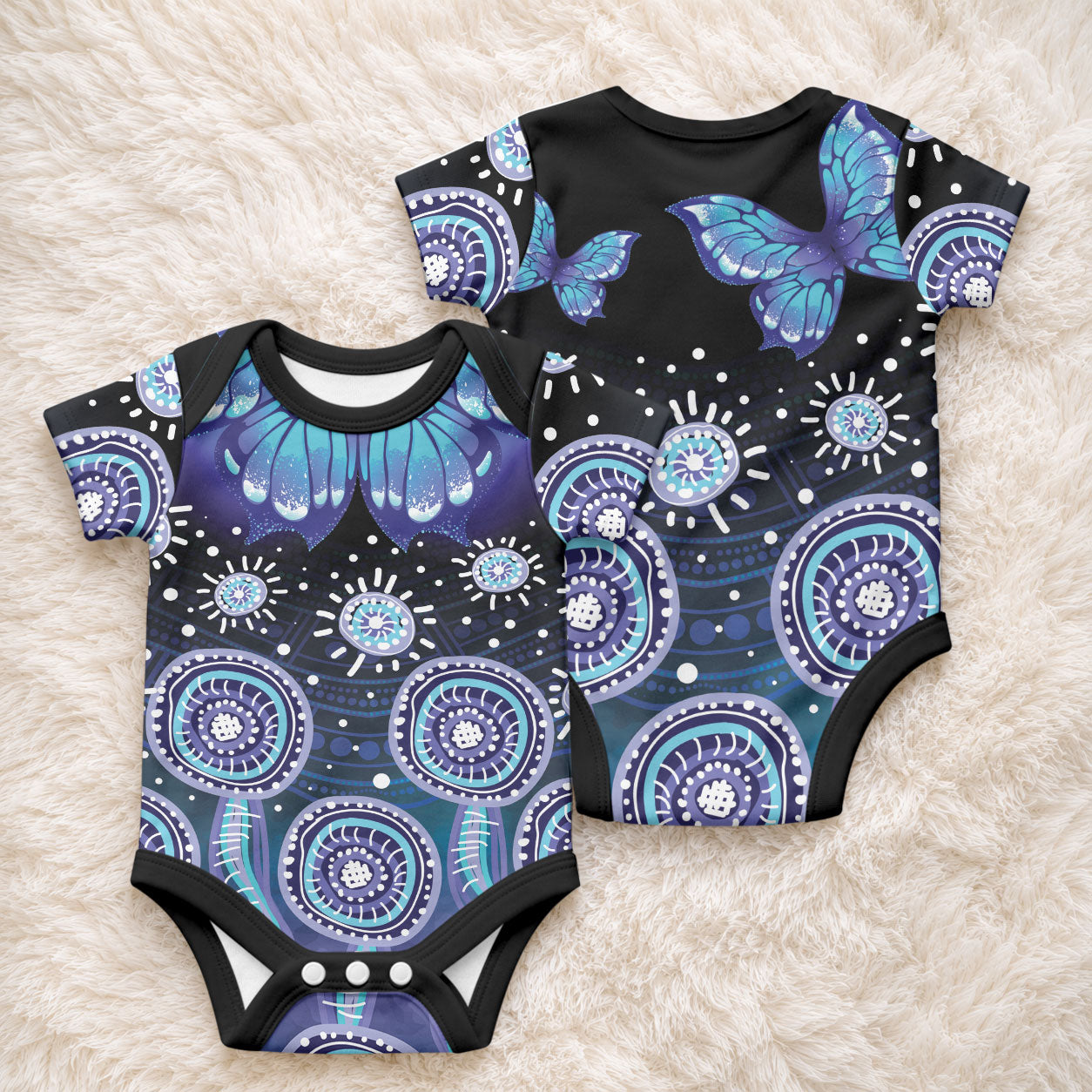 Dreamy Butterfly Collar Australia Purple Teal Hopeful Sky Baby Onesie Indigenous Aboriginal Art