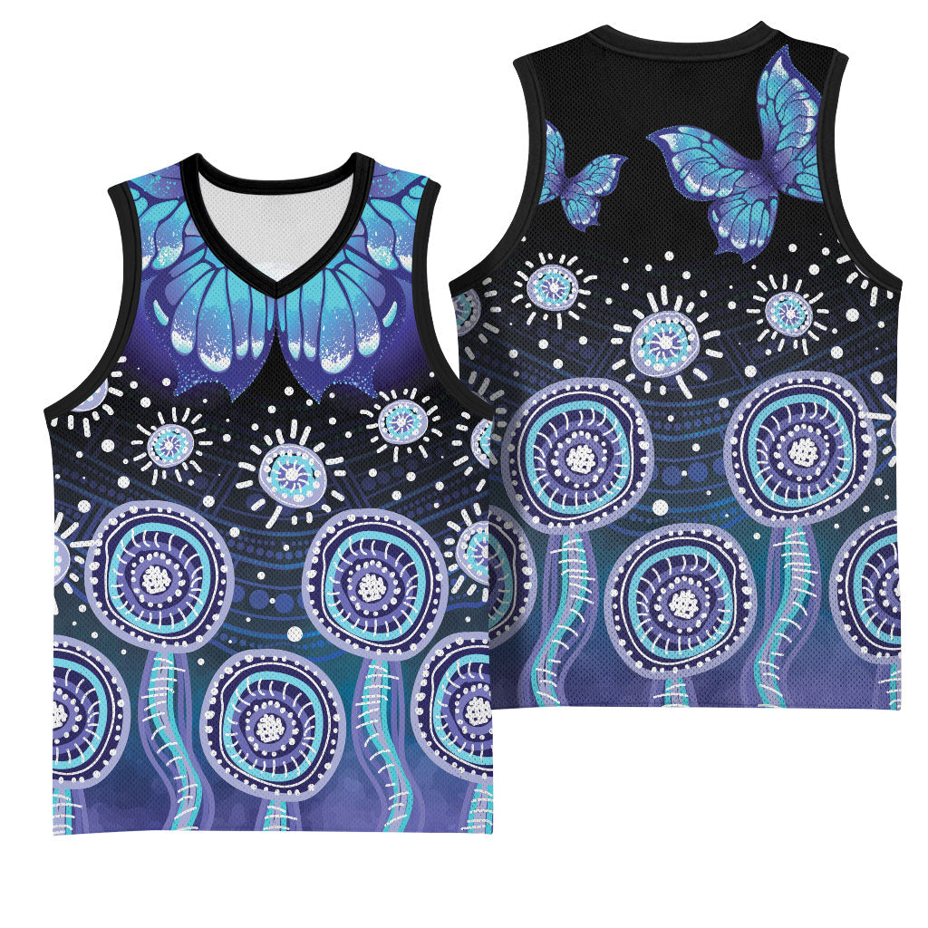 Dreamy Butterfly Collar Australia Purple Teal Hopeful Sky Basketball Jersey Indigenous Aboriginal Art