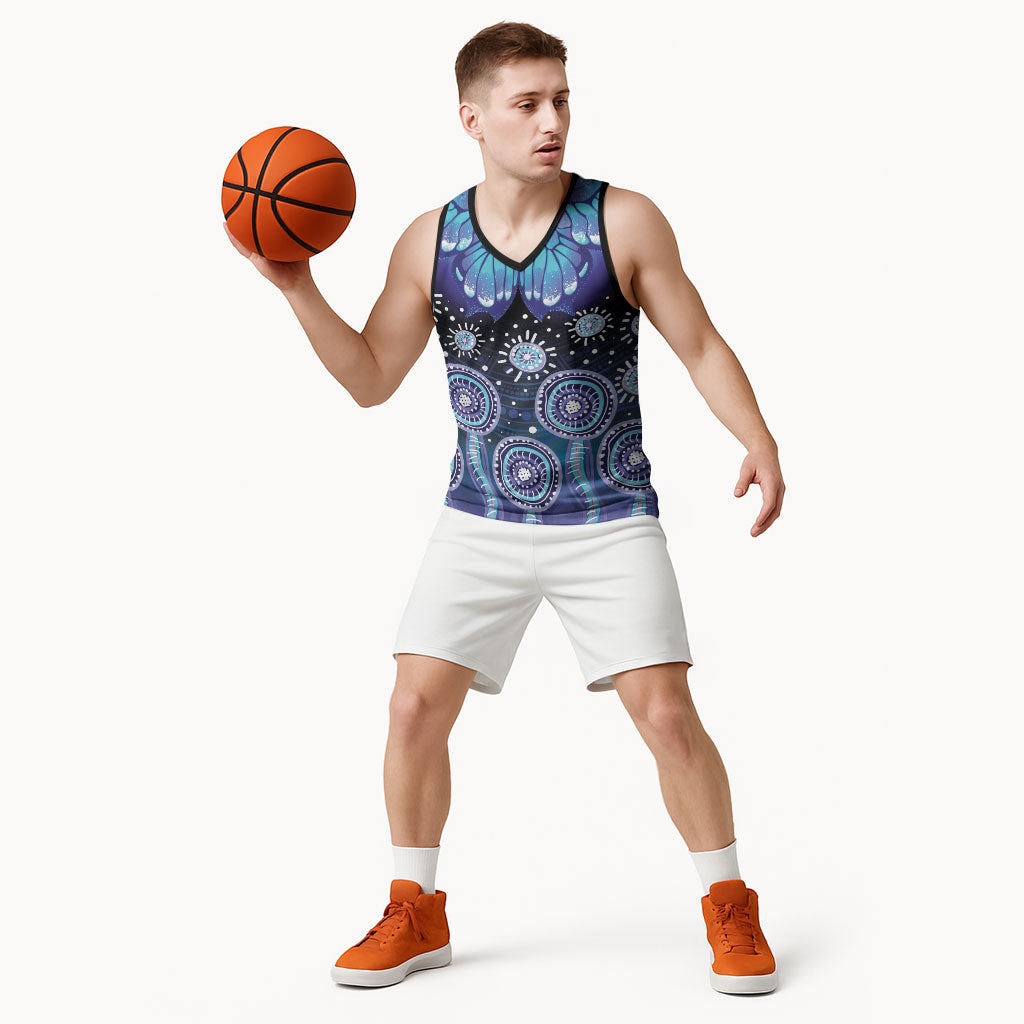 Dreamy Butterfly Collar Australia Purple Teal Hopeful Sky Basketball Jersey Indigenous Aboriginal Art