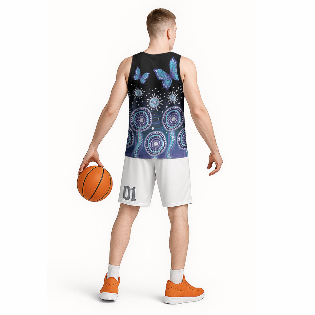 Dreamy Butterfly Collar Australia Purple Teal Hopeful Sky Basketball Jersey Indigenous Aboriginal Art