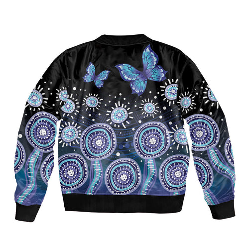 Dreamy Butterfly Collar Australia Purple Teal Hopeful Sky Bomber Jacket Indigenous Aboriginal Art