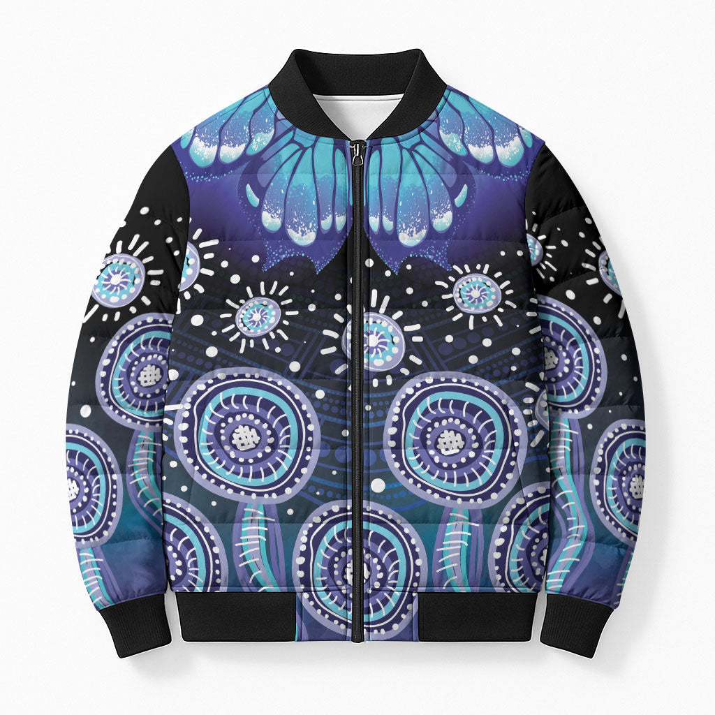 Dreamy Butterfly Collar Australia Purple Teal Hopeful Sky Bomber Puffer Jacket Indigenous Aboriginal Art