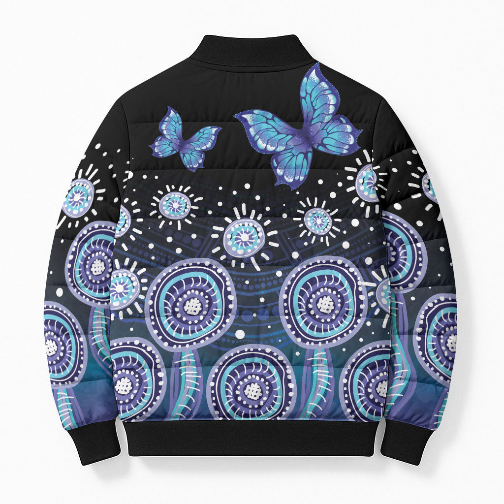 Dreamy Butterfly Collar Australia Purple Teal Hopeful Sky Bomber Puffer Jacket Indigenous Aboriginal Art
