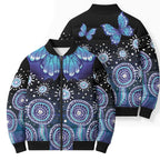 Dreamy Butterfly Collar Australia Purple Teal Hopeful Sky Bomber Puffer Jacket Indigenous Aboriginal Art