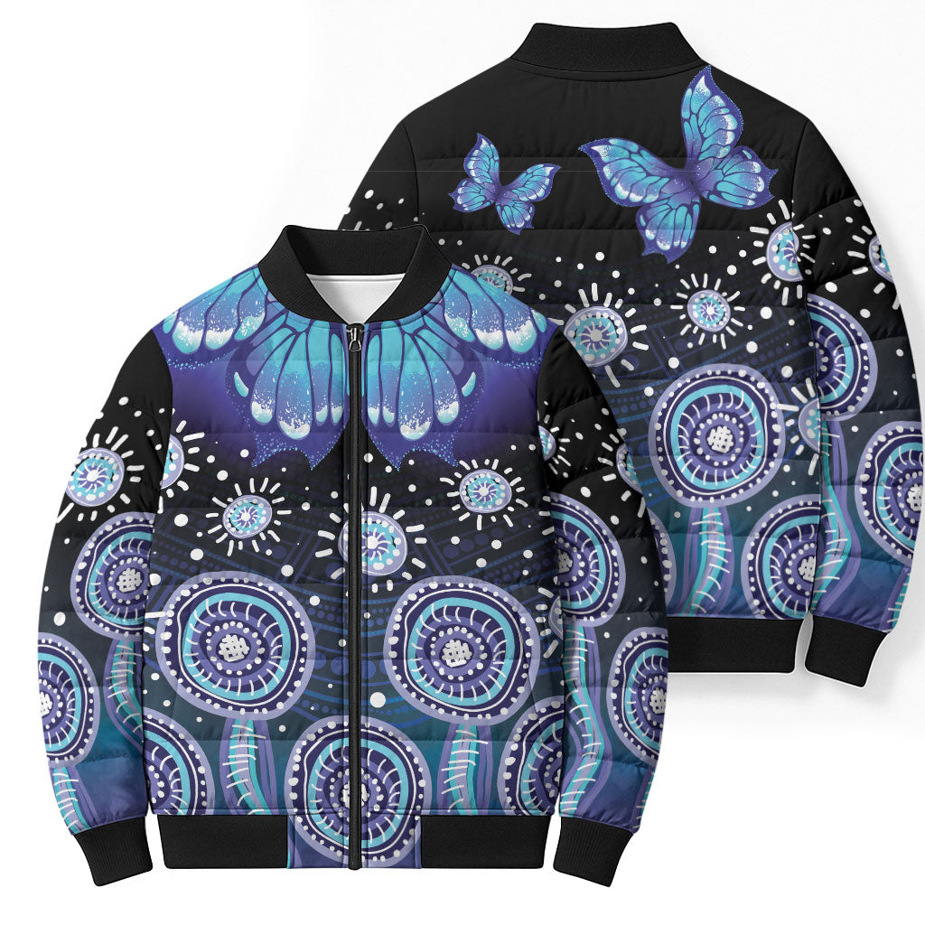 Dreamy Butterfly Collar Australia Purple Teal Hopeful Sky Bomber Puffer Jacket Indigenous Aboriginal Art