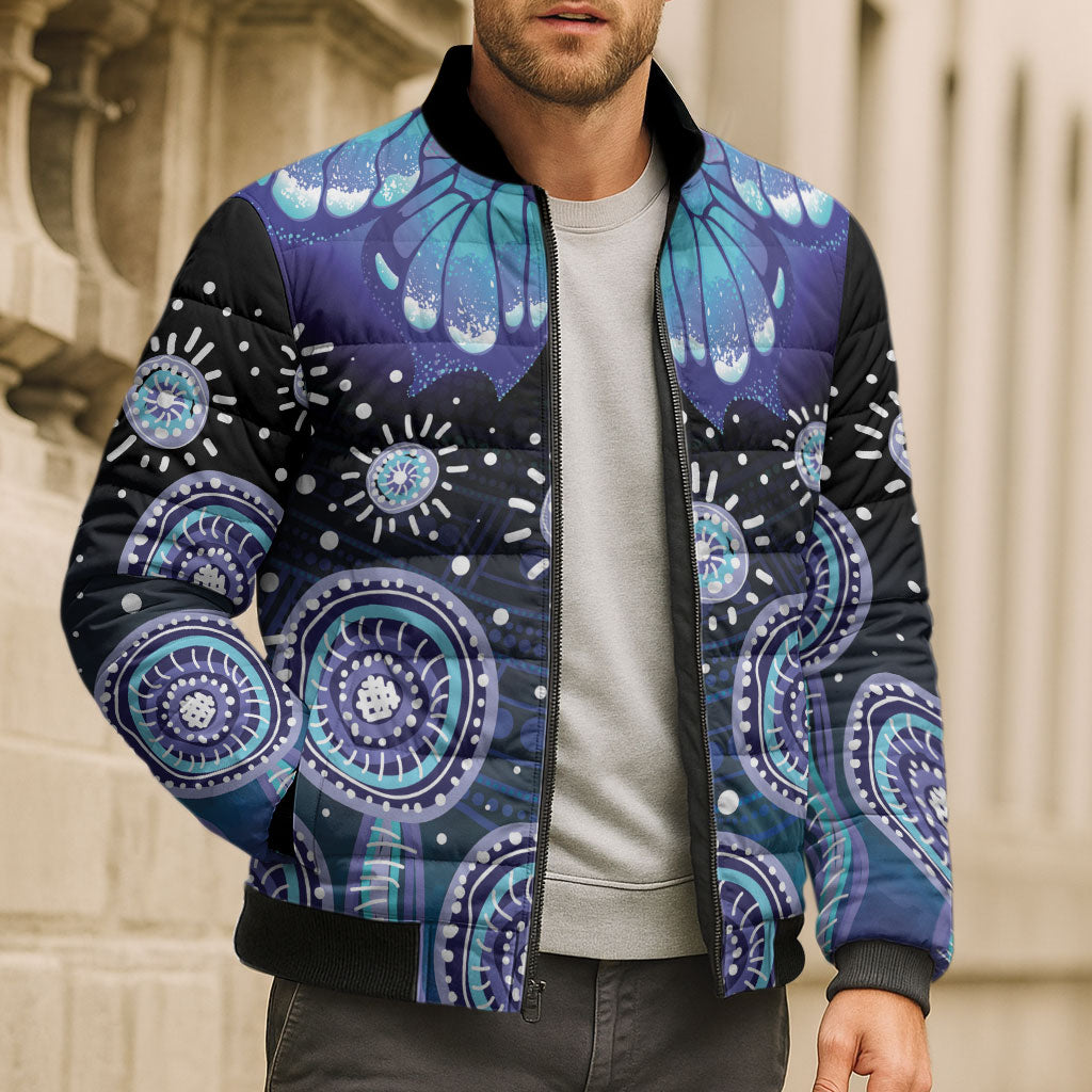 Dreamy Butterfly Collar Australia Purple Teal Hopeful Sky Bomber Puffer Jacket Indigenous Aboriginal Art