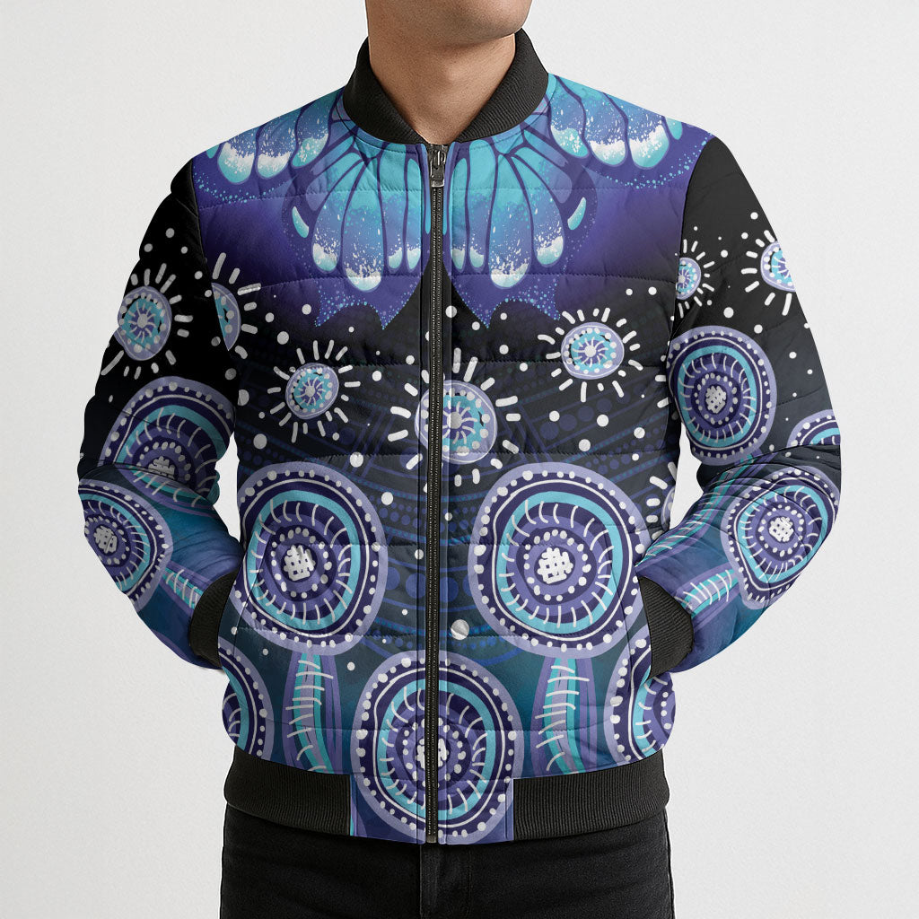 Dreamy Butterfly Collar Australia Purple Teal Hopeful Sky Bomber Puffer Jacket Indigenous Aboriginal Art
