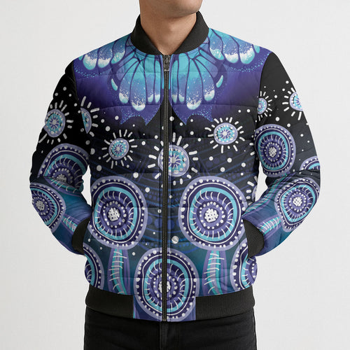 Dreamy Butterfly Collar Australia Purple Teal Hopeful Sky Bomber Puffer Jacket Indigenous Aboriginal Art