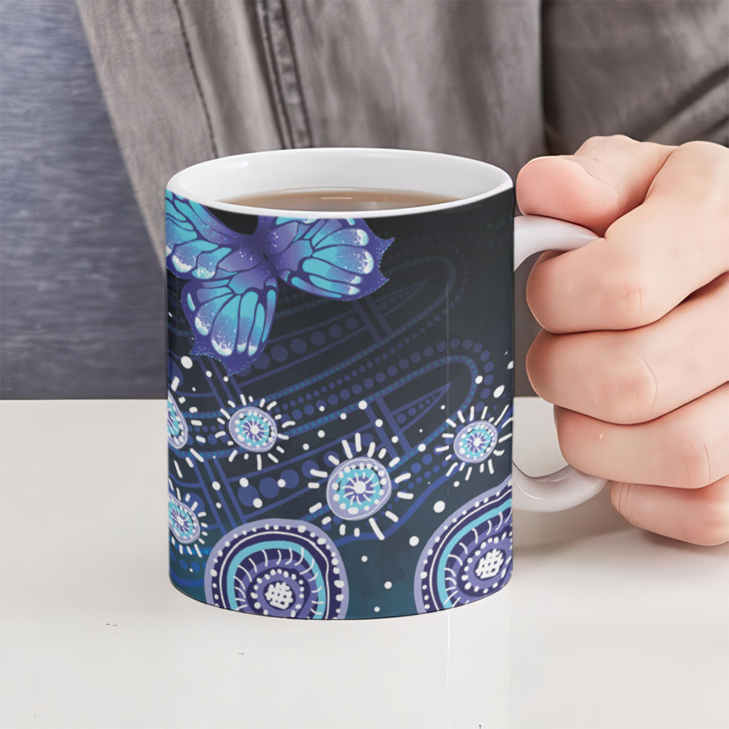 Dreamy Butterfly Collar Australia Purple Teal Hopeful Sky Ceramic Mug Indigenous Aboriginal Art