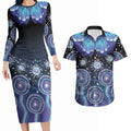 Dreamy Butterfly Collar Australia Purple Teal Hopeful Sky Couples Matching Long Sleeve Bodycon Dress and Hawaiian Shirt Indigenous Aboriginal Art