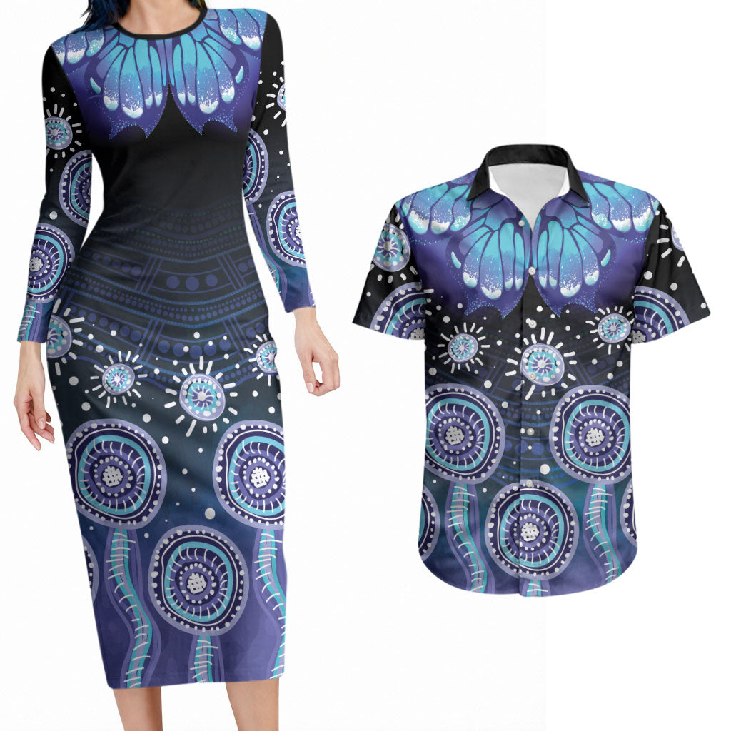 Dreamy Butterfly Collar Australia Purple Teal Hopeful Sky Couples Matching Long Sleeve Bodycon Dress and Hawaiian Shirt Indigenous Aboriginal Art