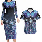 Dreamy Butterfly Collar Australia Purple Teal Hopeful Sky Couples Matching Long Sleeve Bodycon Dress and Hawaiian Shirt Indigenous Aboriginal Art
