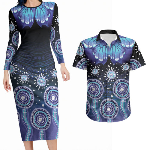 Dreamy Butterfly Collar Australia Purple Teal Hopeful Sky Couples Matching Long Sleeve Bodycon Dress and Hawaiian Shirt Indigenous Aboriginal Art