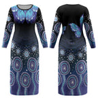 Dreamy Butterfly Collar Australia Purple Teal Hopeful Sky Couples Matching Long Sleeve Bodycon Dress and Hawaiian Shirt Indigenous Aboriginal Art
