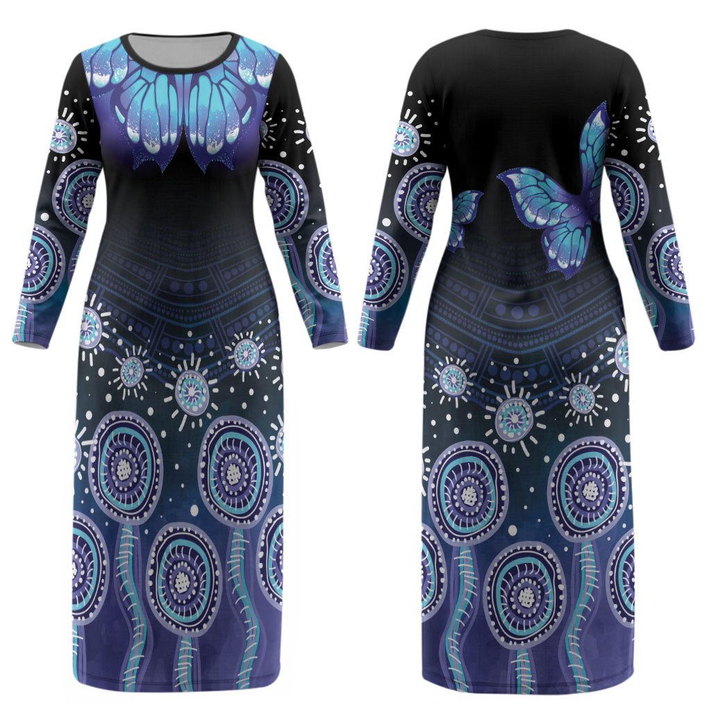 Dreamy Butterfly Collar Australia Purple Teal Hopeful Sky Couples Matching Long Sleeve Bodycon Dress and Hawaiian Shirt Indigenous Aboriginal Art