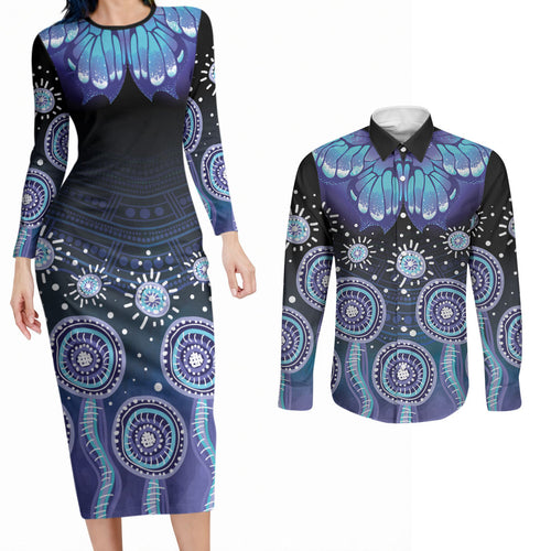 Dreamy Butterfly Collar Australia Purple Teal Hopeful Sky Couples Matching Long Sleeve Bodycon Dress and Long Sleeve Button Shirt Indigenous Aboriginal Art