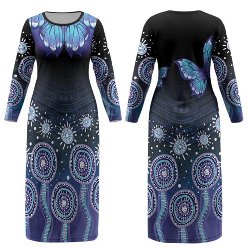 Dreamy Butterfly Collar Australia Purple Teal Hopeful Sky Couples Matching Long Sleeve Bodycon Dress and Long Sleeve Button Shirt Indigenous Aboriginal Art