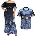 Dreamy Butterfly Collar Australia Purple Teal Hopeful Sky Couples Matching Off Shoulder Maxi Dress and Hawaiian Shirt Indigenous Aboriginal Art