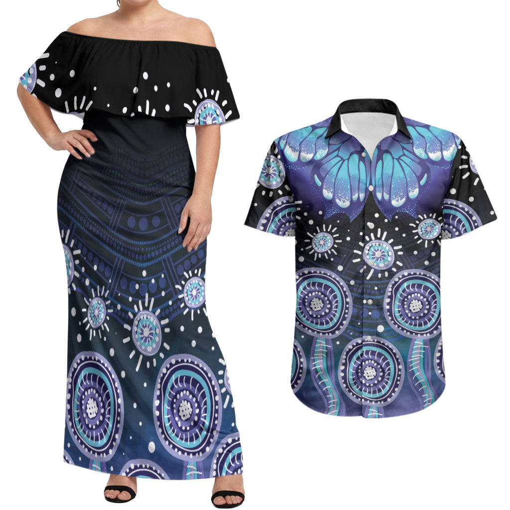 Dreamy Butterfly Collar Australia Purple Teal Hopeful Sky Couples Matching Off Shoulder Maxi Dress and Hawaiian Shirt Indigenous Aboriginal Art