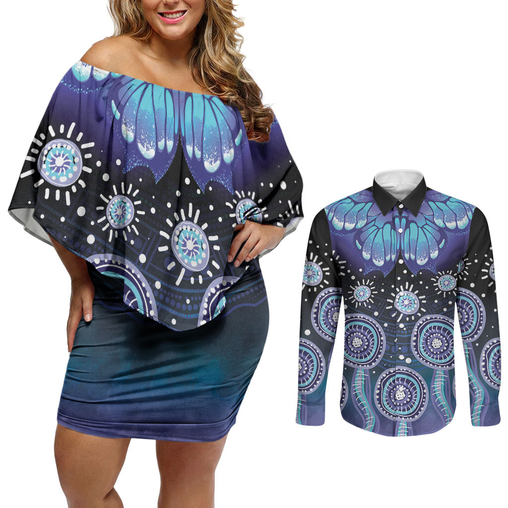 Dreamy Butterfly Collar Australia Purple Teal Hopeful Sky Couples Matching Off Shoulder Short Dress and Long Sleeve Button Shirt Indigenous Aboriginal Art
