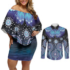 Dreamy Butterfly Collar Australia Purple Teal Hopeful Sky Couples Matching Off Shoulder Short Dress and Long Sleeve Button Shirt Indigenous Aboriginal Art