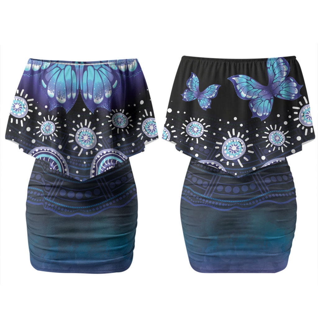 Dreamy Butterfly Collar Australia Purple Teal Hopeful Sky Couples Matching Off Shoulder Short Dress and Long Sleeve Button Shirt Indigenous Aboriginal Art